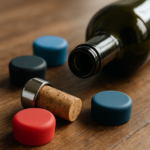 다양한 와인 마개와 스토퍼가 놓인 테이블