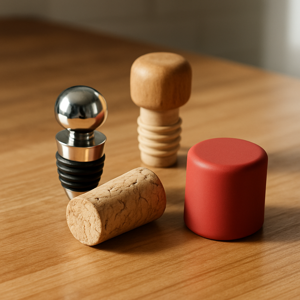 다양한 와인 마개와 실리콘 와인캡이 놓인 주방 테이블