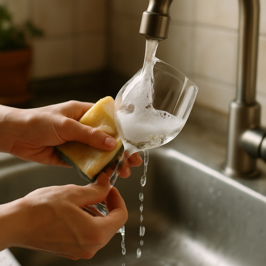 와인잔을 손으로 세척하는 모습